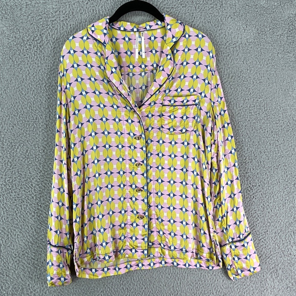 Anthropologie Pajama Top Womens Small Pink Yellow Geometric Viscose Button Up